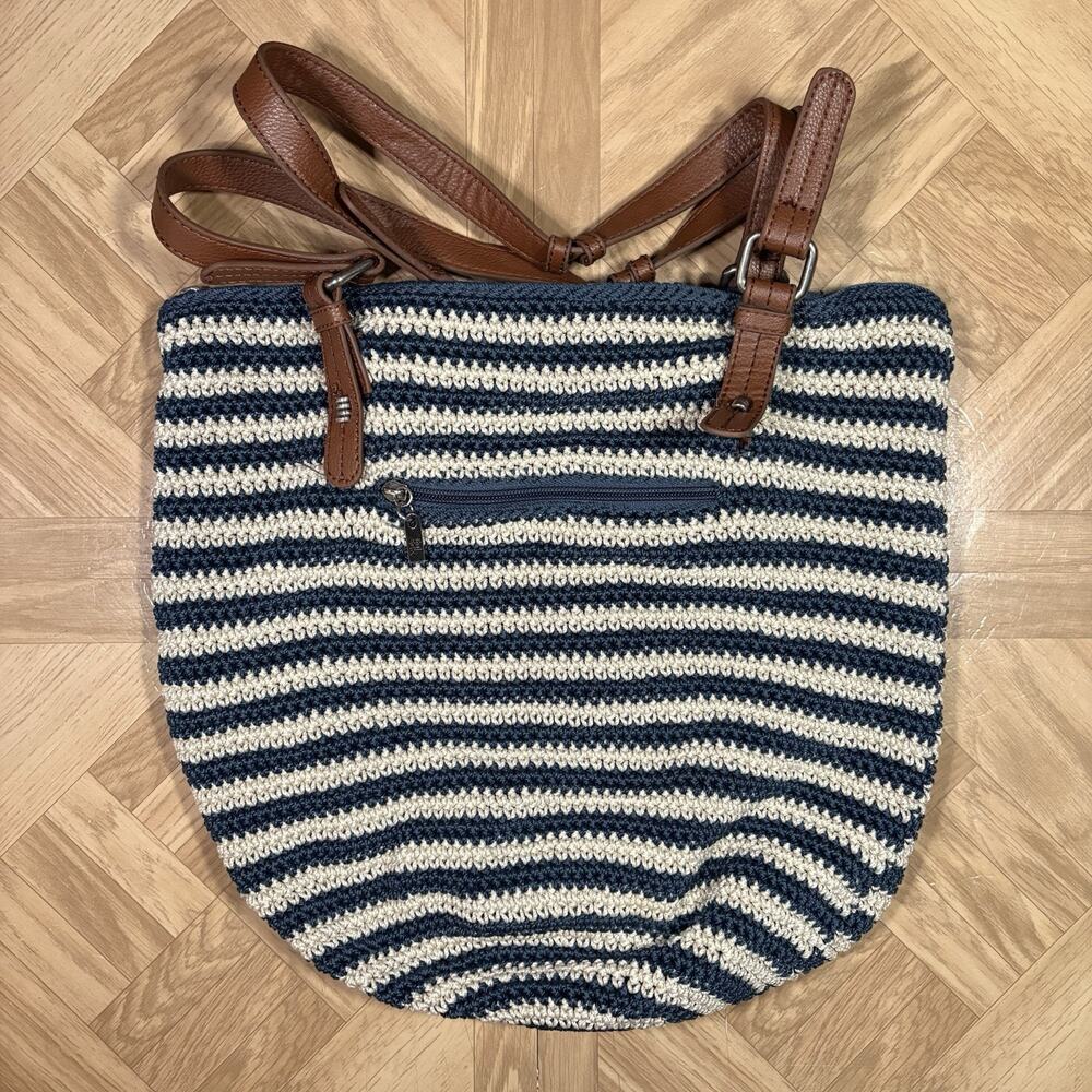 The Sak Purse Silverwood Crochet Shopper Bag Striped Leather Straps Vacation